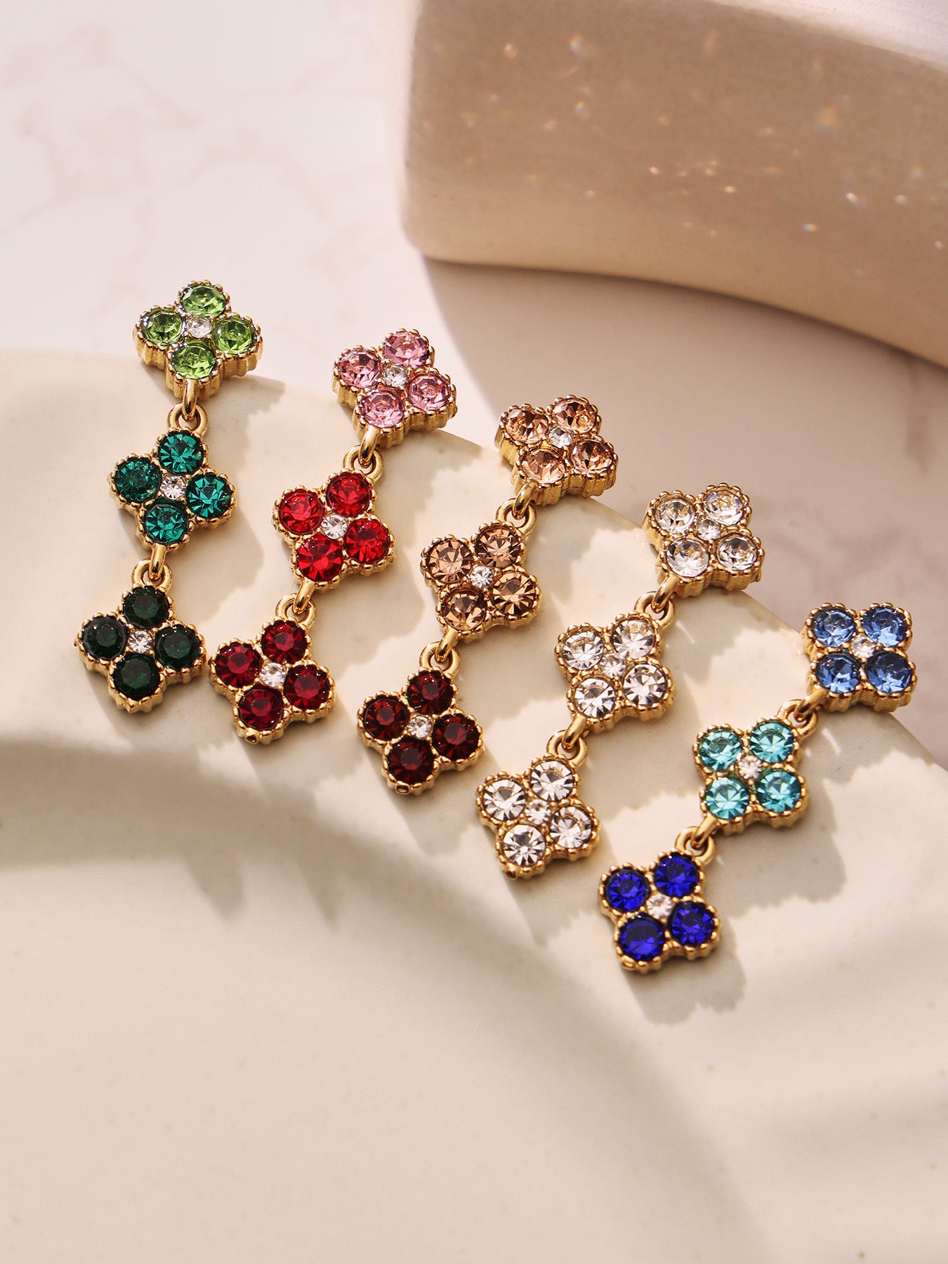 316L Stainless Steel Dopamine Four-Leaf Zircon Jewelry Set – Ring Necklace Bracelet Earrings