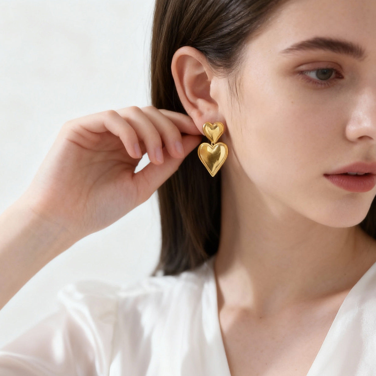 316L Stainless Steel Polished Double Heart Drop Stud Earrings