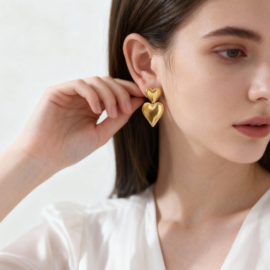 316L Stainless Steel Polished Double Heart Drop Stud Earrings