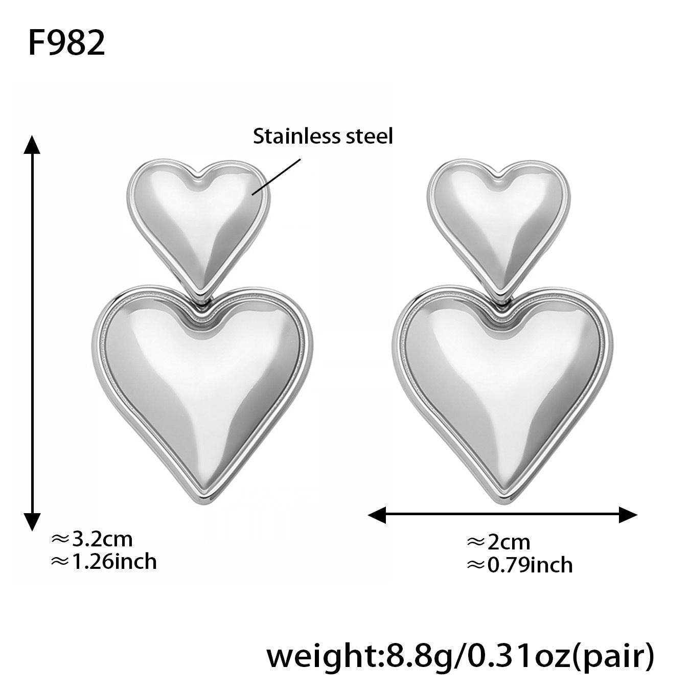 316L Stainless Steel Polished Double Heart Drop Stud Earrings