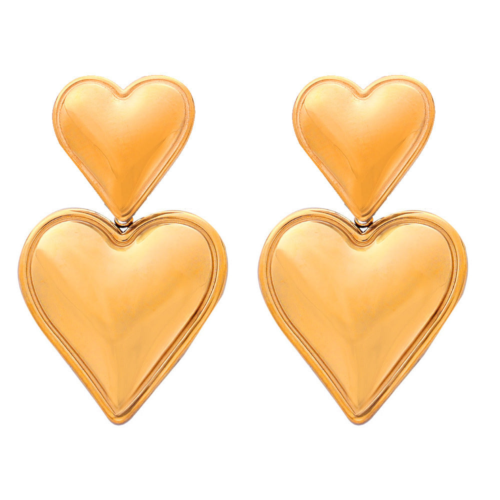 316L stainless steel double heart drop stud earrings in gold tone, polished finish, wholesale jewelry.