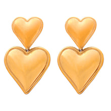 316L stainless steel double heart drop stud earrings in gold tone, polished finish, wholesale jewelry.