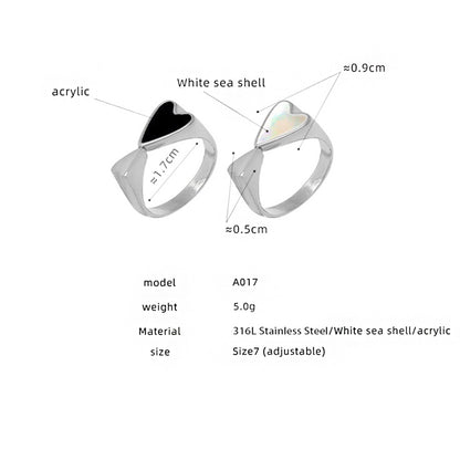 316L stainless steel double heart ring size chart with dimensions, white sea shell and black acrylic styles