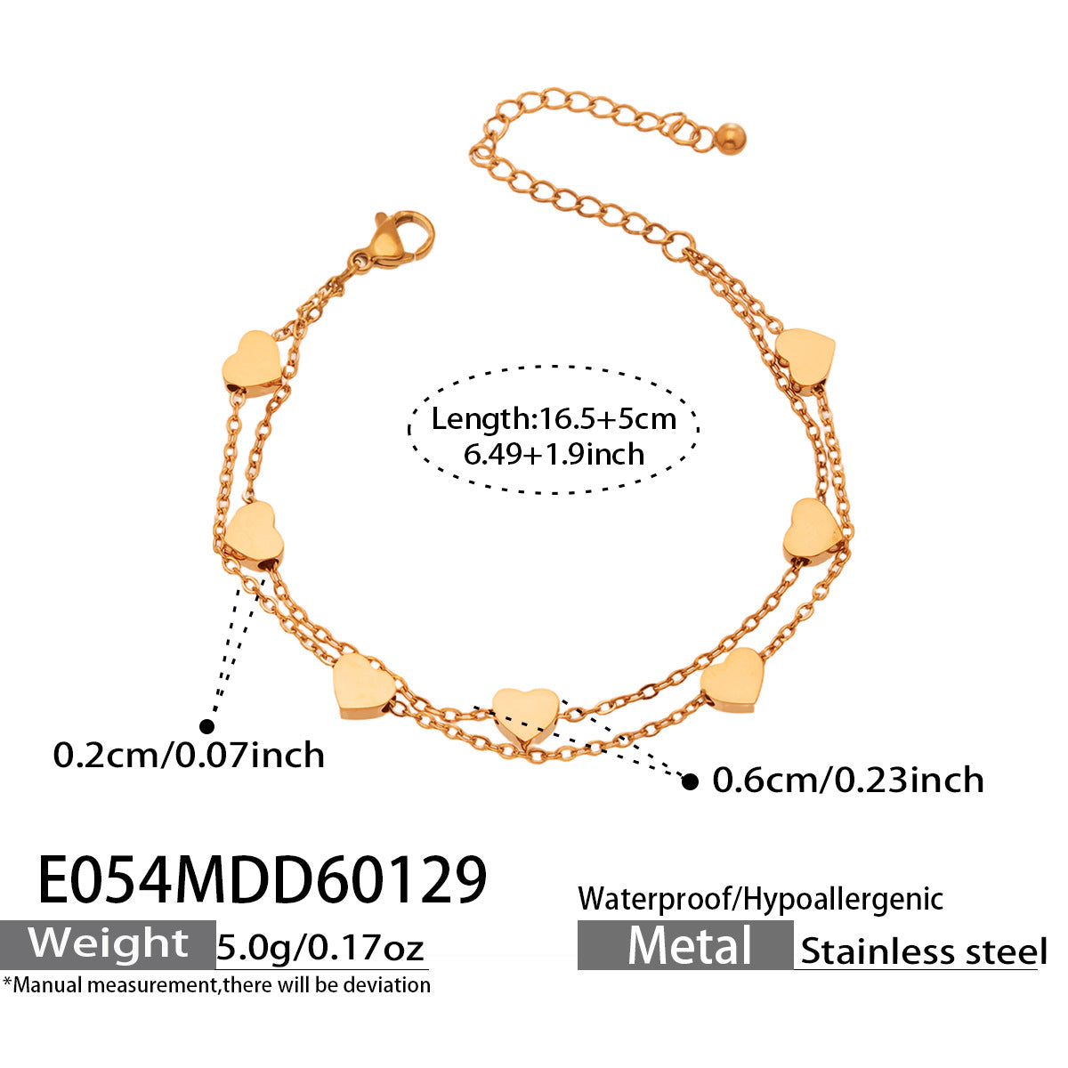 Flatlay of 316L stainless steel double layer heart chain bracelets, wholesale waterproof bracelets