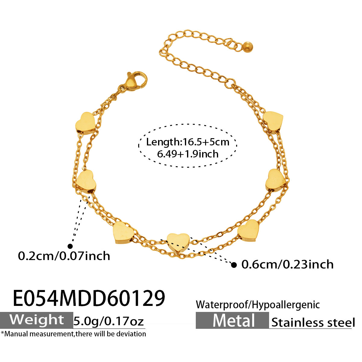 Lifestyle shot of 316L stainless steel double layer heart chain bracelet, waterproof for daily wear