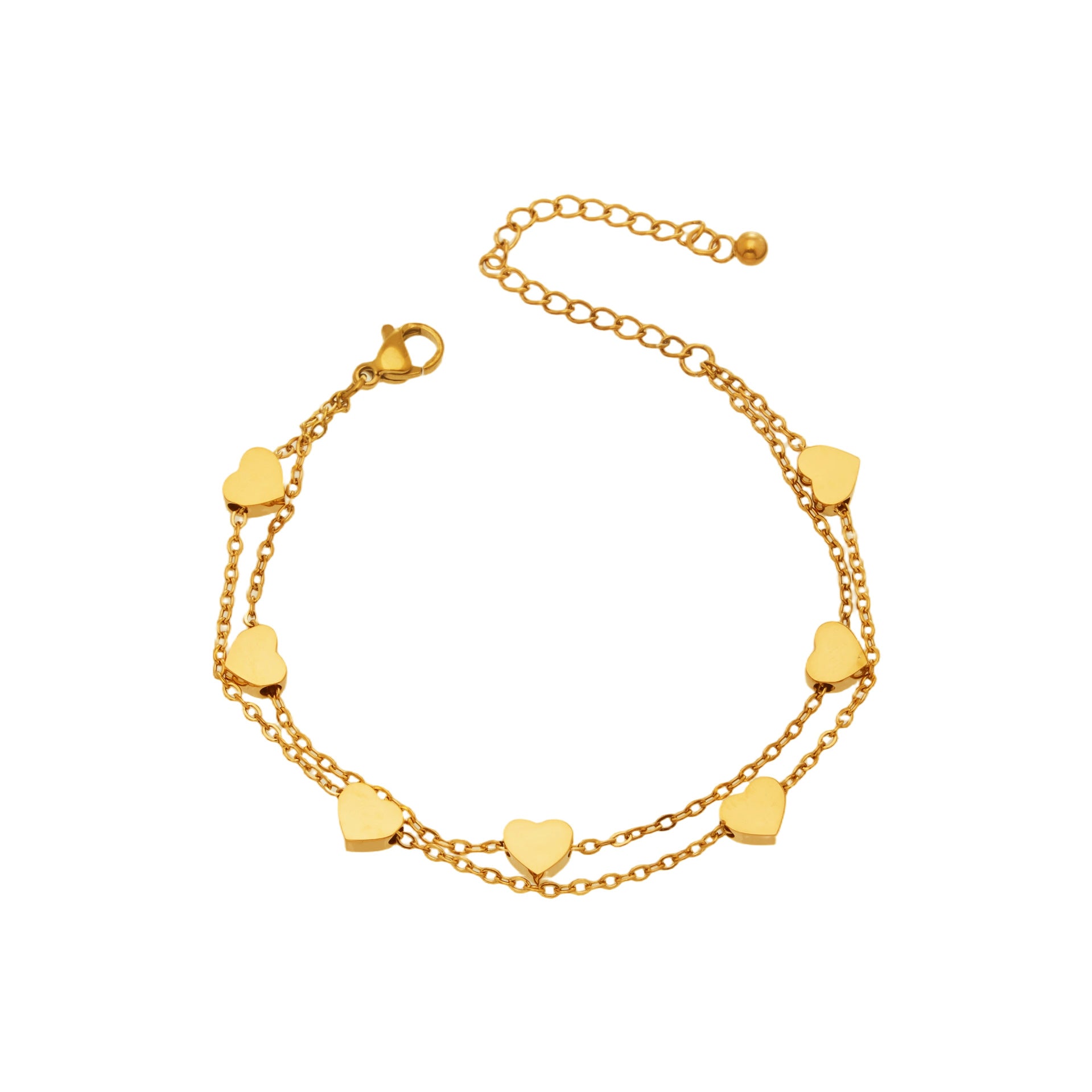316L stainless steel double layer heart chain bracelet, waterproof hypoallergenic jewelry with 18K PVD gold plating