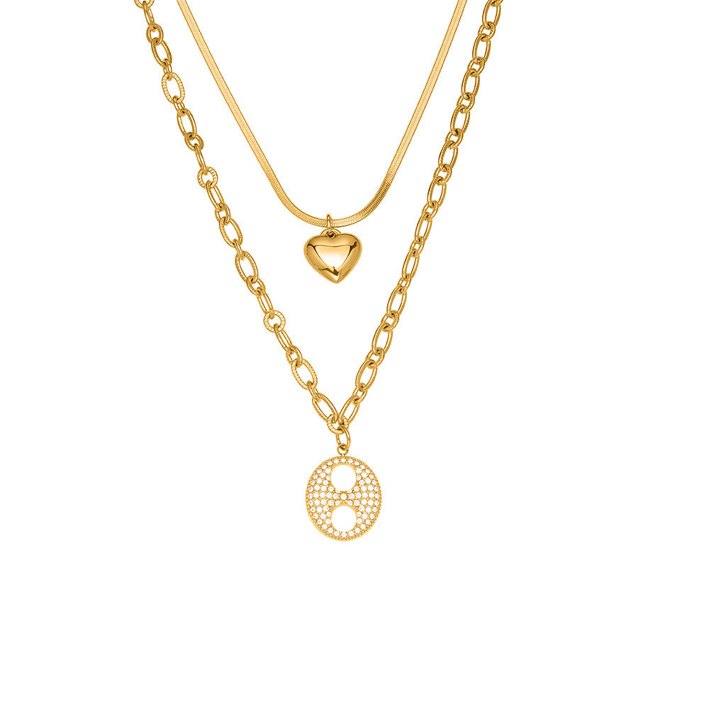 316L Stainless Steel Double Layer Heart & Coffee Bean Zircon Necklace - Image 1