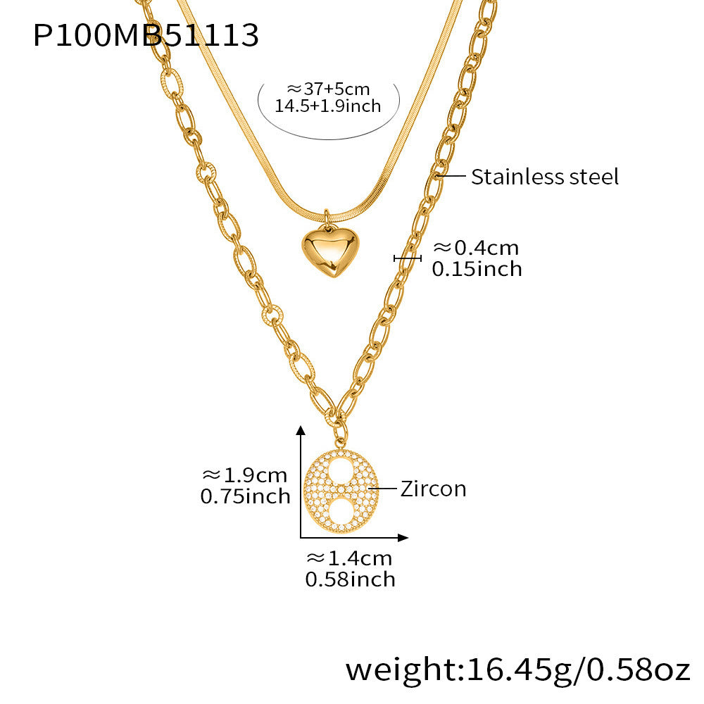 316L Stainless Steel Double Layer Heart & Coffee Bean Zircon Necklace - Image 2