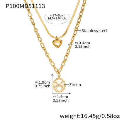 316L Stainless Steel Double Layer Heart & Coffee Bean Zircon Necklace - Image 2
