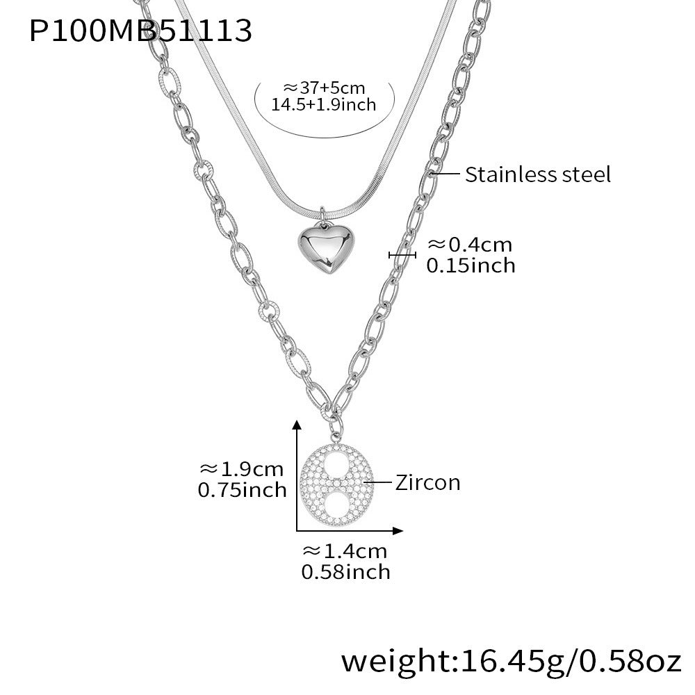 316L Stainless Steel Double Layer Heart & Coffee Bean Zircon Necklace - Image 3