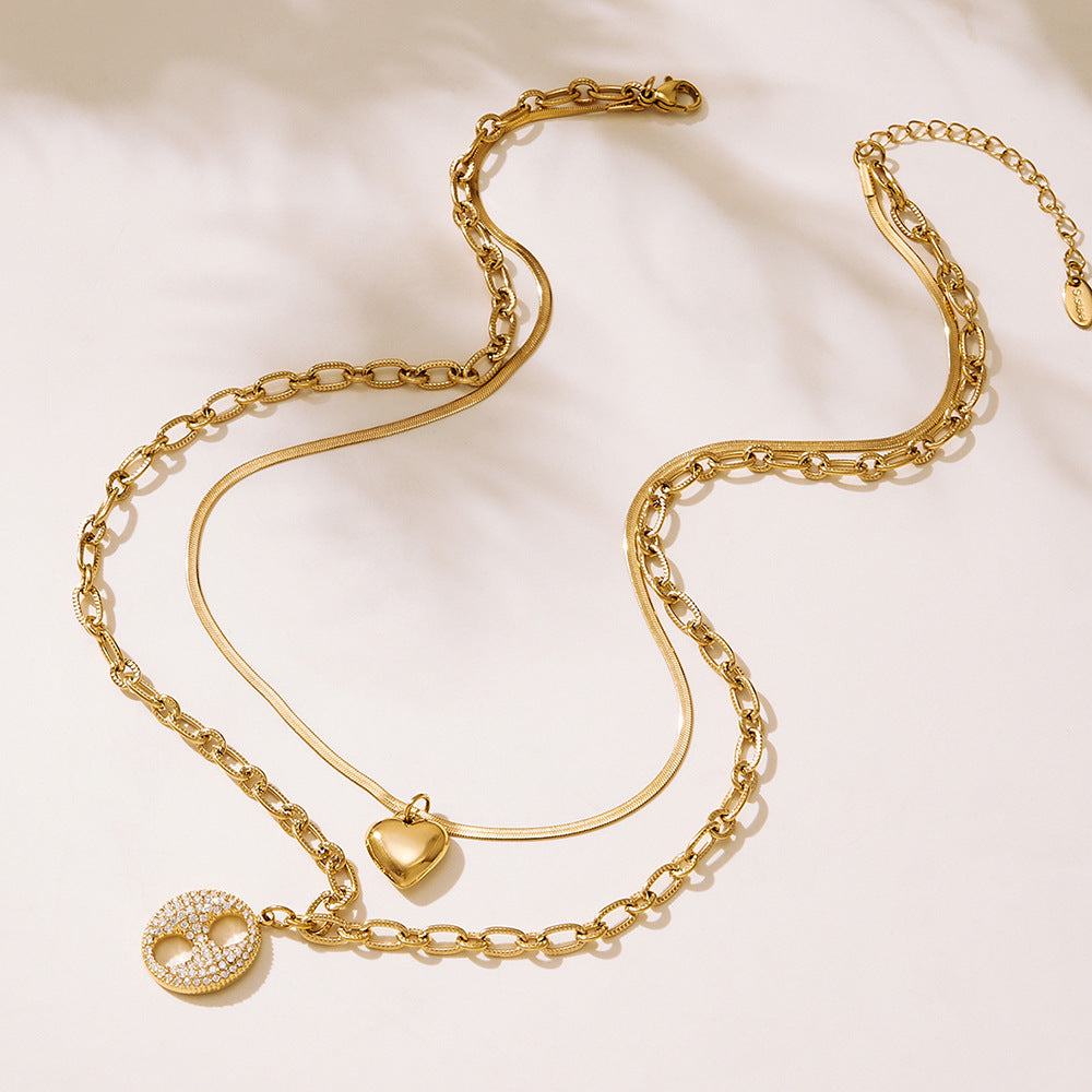 316L Stainless Steel Double Layer Heart & Coffee Bean Zircon Necklace - Image 4