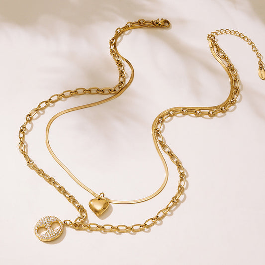 316L Stainless Steel Double Layer Heart & Coffee Bean Zircon Necklace - Image 4