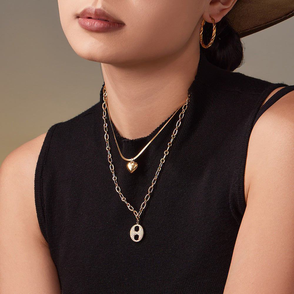 316L Stainless Steel Double Layer Heart & Coffee Bean Zircon Necklace - Image 5