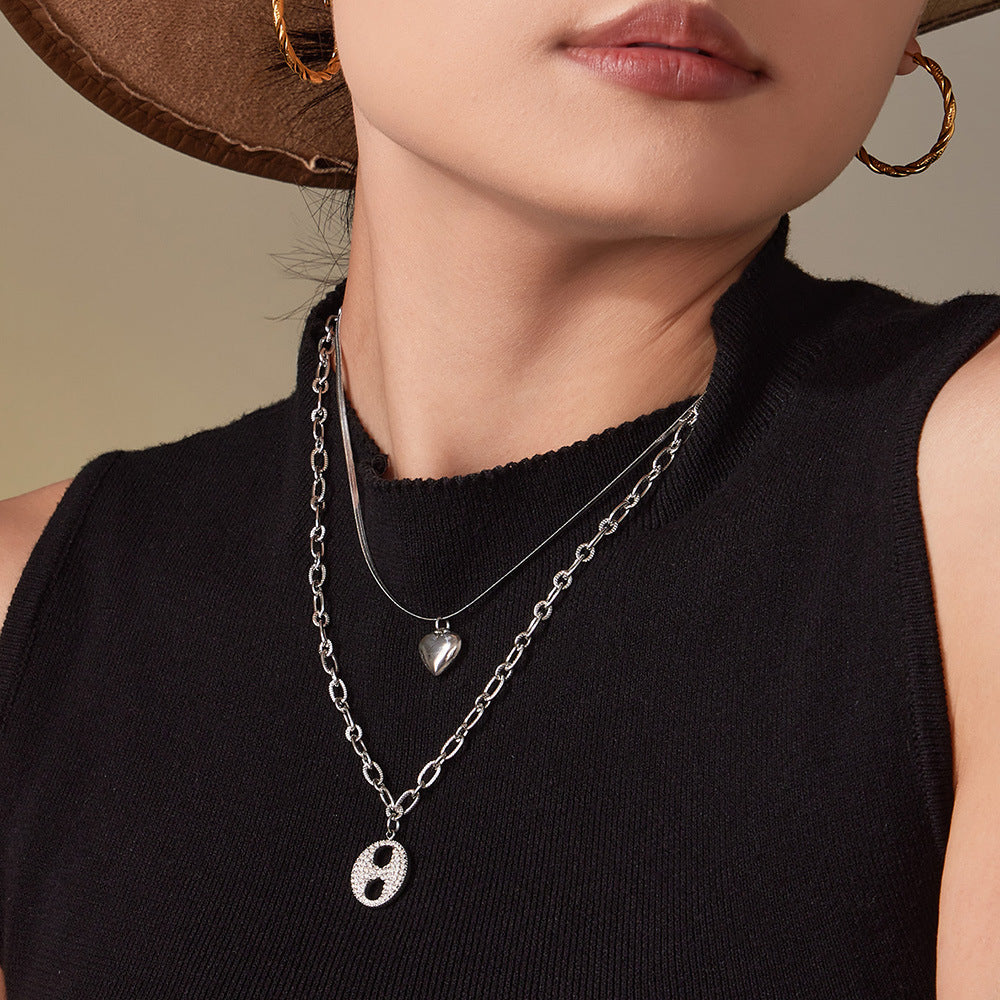 316L Stainless Steel Double Layer Heart & Coffee Bean Zircon Necklace - Image 6
