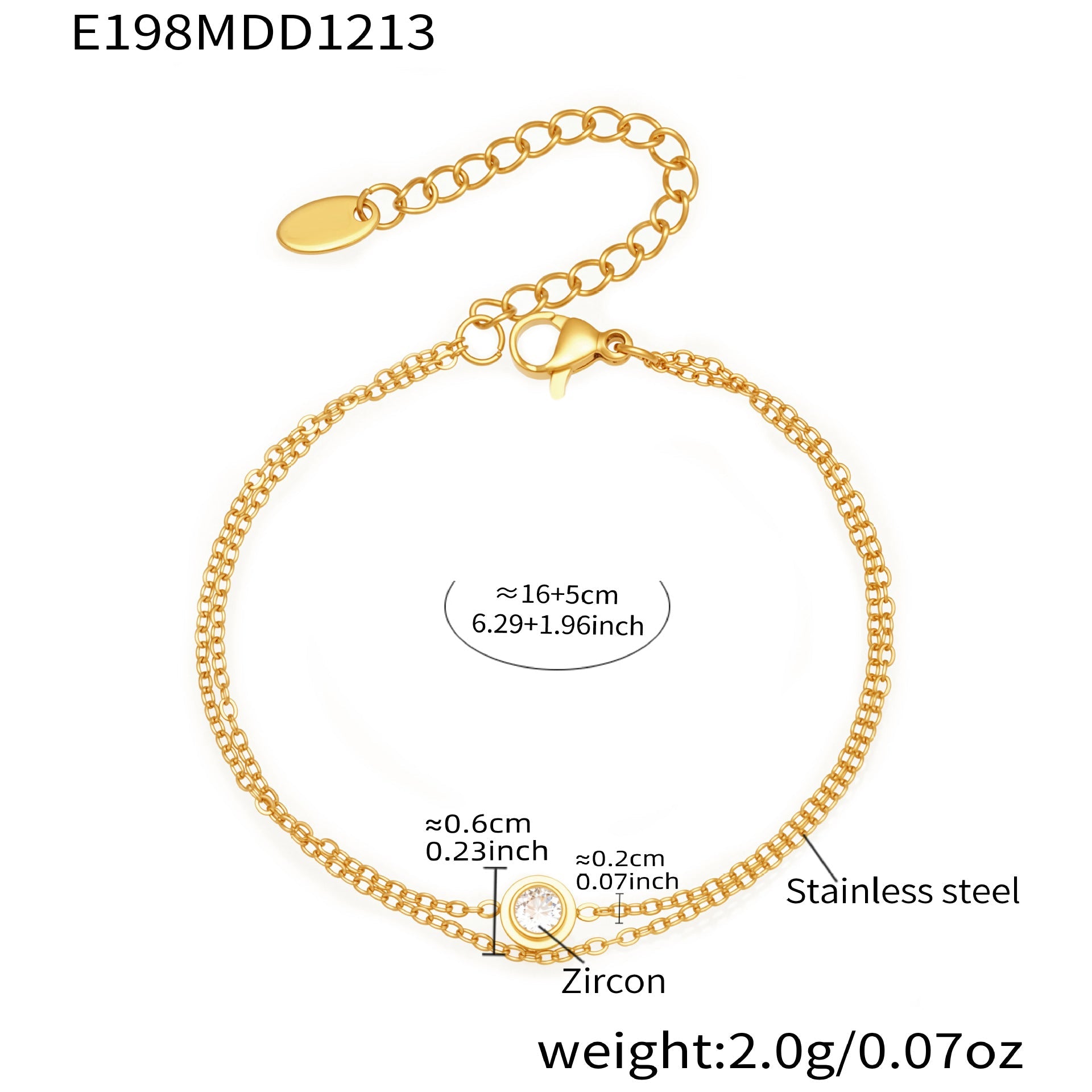 18K gold tone 316L stainless steel double-layer bracelet with bezel-set zircon, 16+5cm by 2g