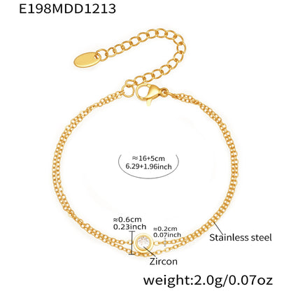 18K gold tone 316L stainless steel double-layer bracelet with bezel-set zircon, 16+5cm by 2g