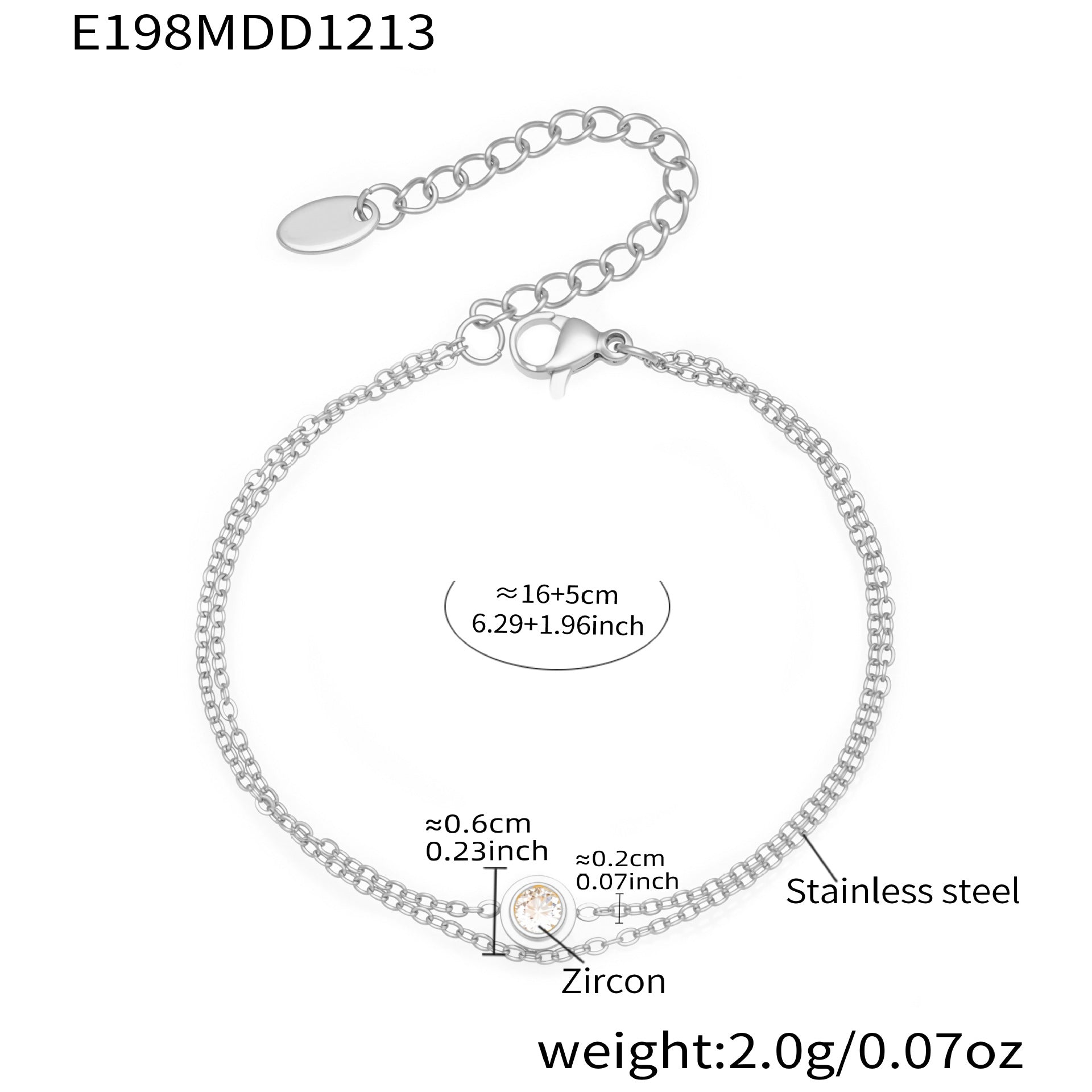 Silver tone 316L stainless steel double-layer bracelet with bezel-set zircon, 16+5cm by 2g