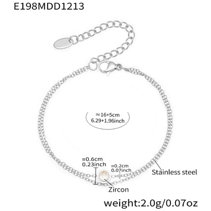 Silver tone 316L stainless steel double-layer bracelet with bezel-set zircon, 16+5cm by 2g