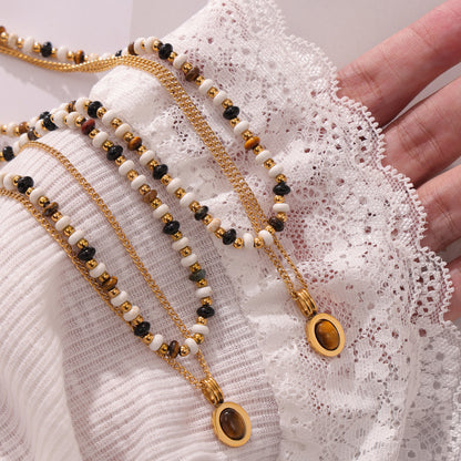 316L Stainless Steel Earthy Tone Natural Stone Beaded Layered Necklace - Image 3