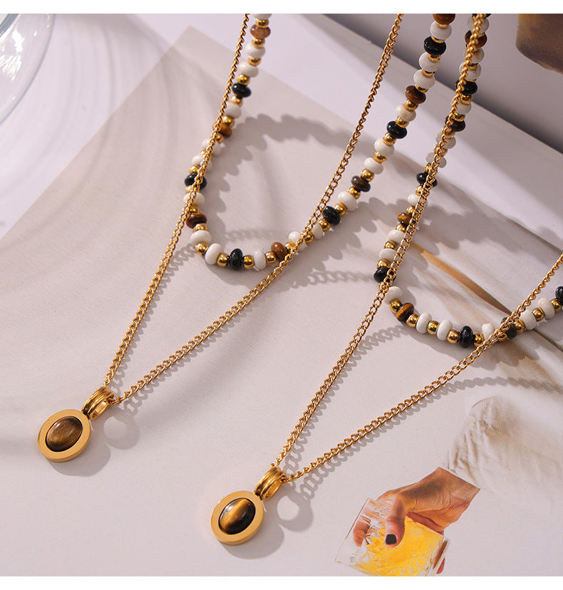 316L Stainless Steel Earthy Tone Natural Stone Beaded Layered Necklace - Image 4