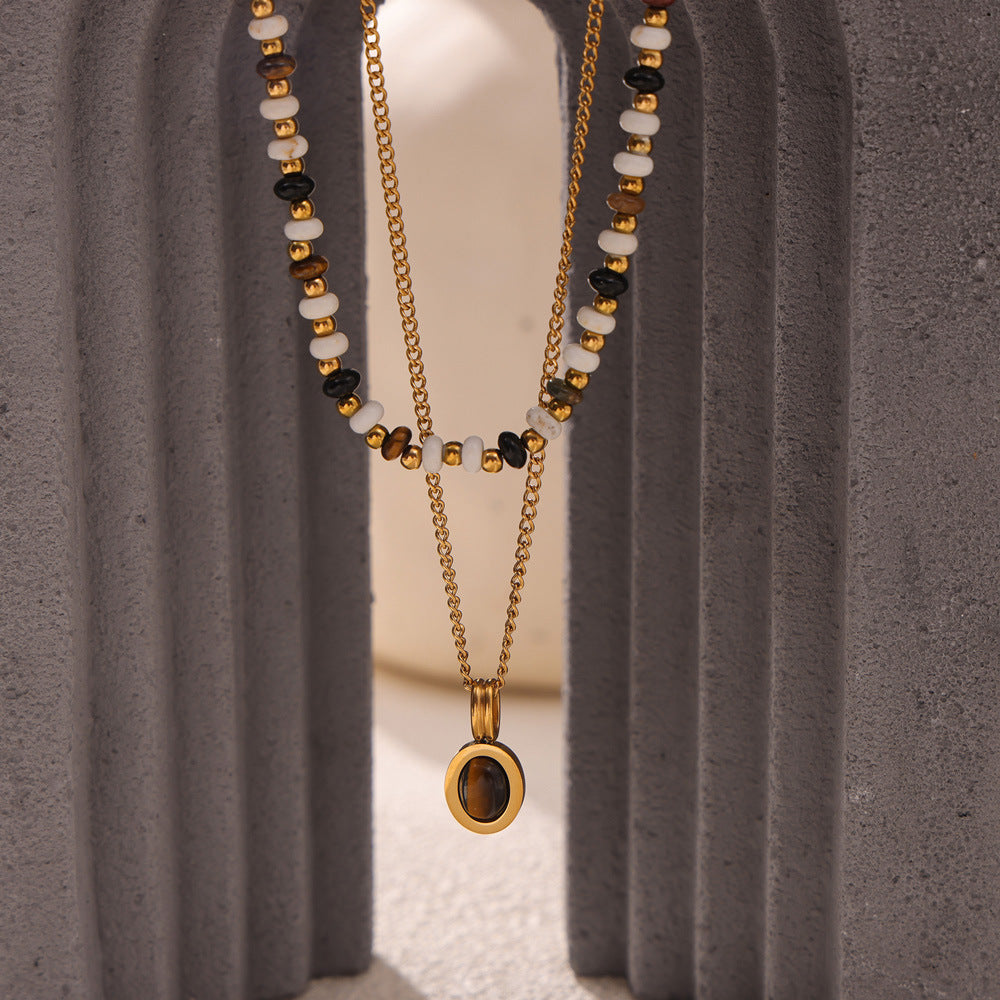 316L Stainless Steel Earthy Tone Natural Stone Beaded Layered Necklace - Image 6