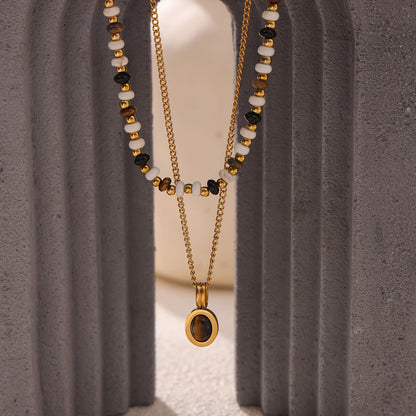 316L Stainless Steel Earthy Tone Natural Stone Beaded Layered Necklace - Image 6