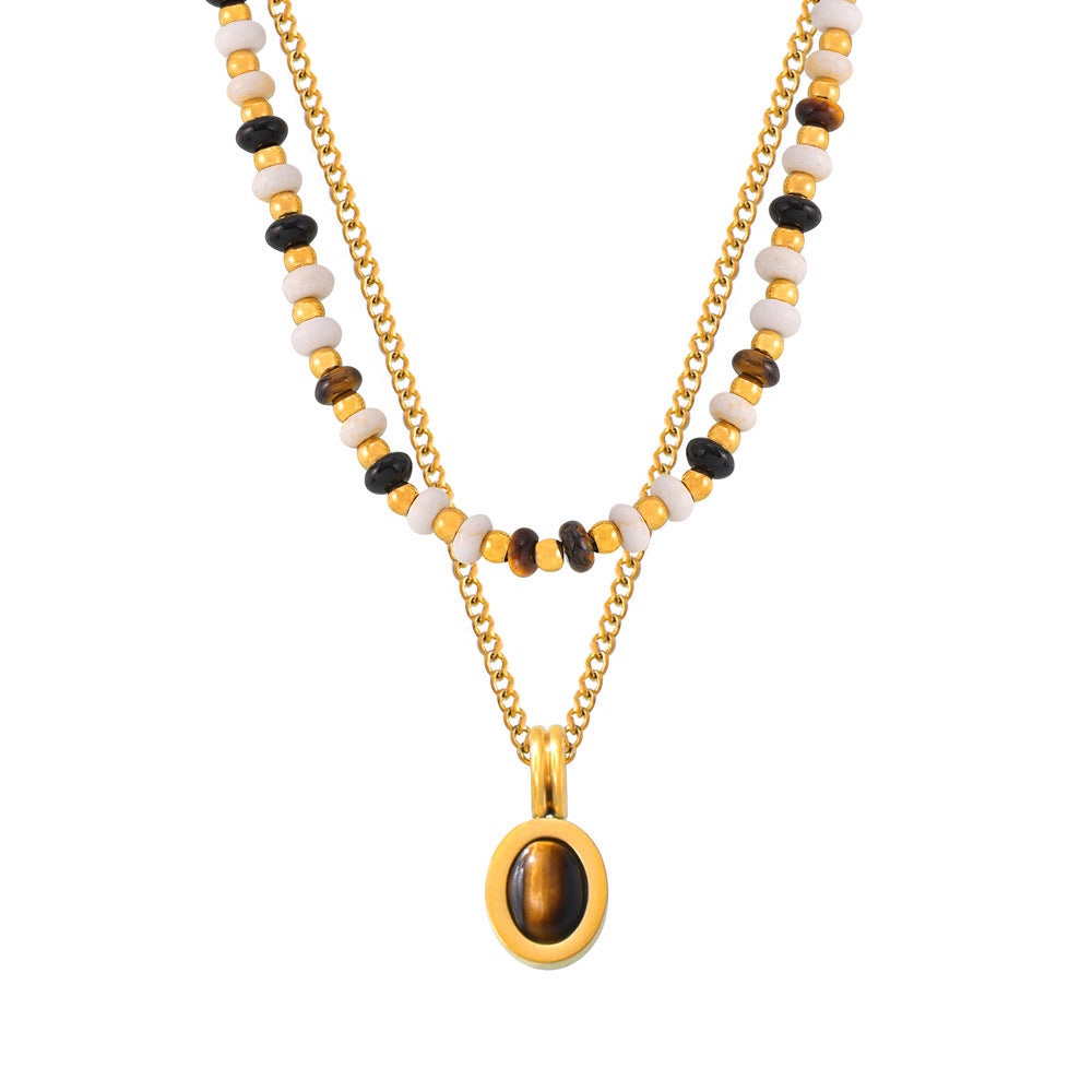 316L Stainless Steel Earthy Tone Natural Stone Beaded Layered Necklace - Image 7
