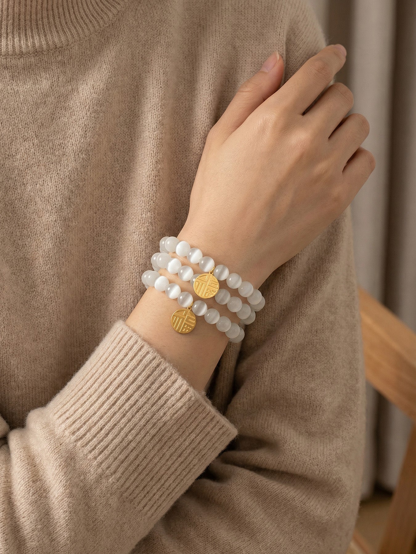 316L Stainless Steel Elegant Cat's Eye Stone Bead Bracelet with Lucky Charm Pendant - Image 12