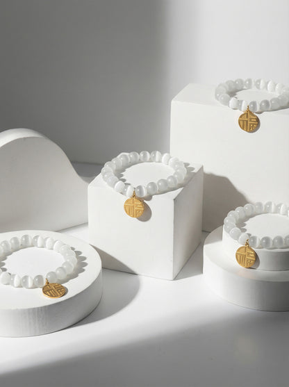 316L Stainless Steel Elegant Cat's Eye Stone Bead Bracelet with Lucky Charm Pendant - Image 2