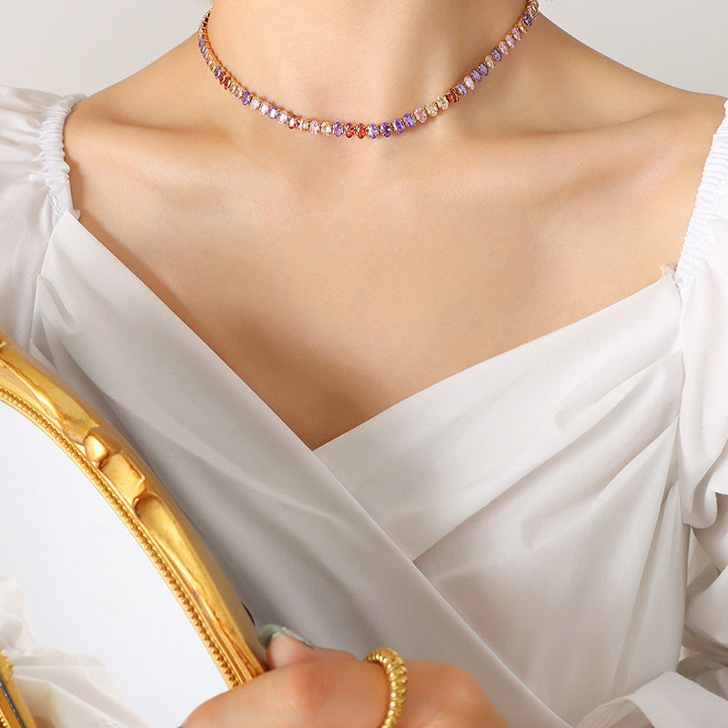 316L Stainless Steel Elegant Colorful Zircon Inlaid Necklace & Bracelet Set - Image 16