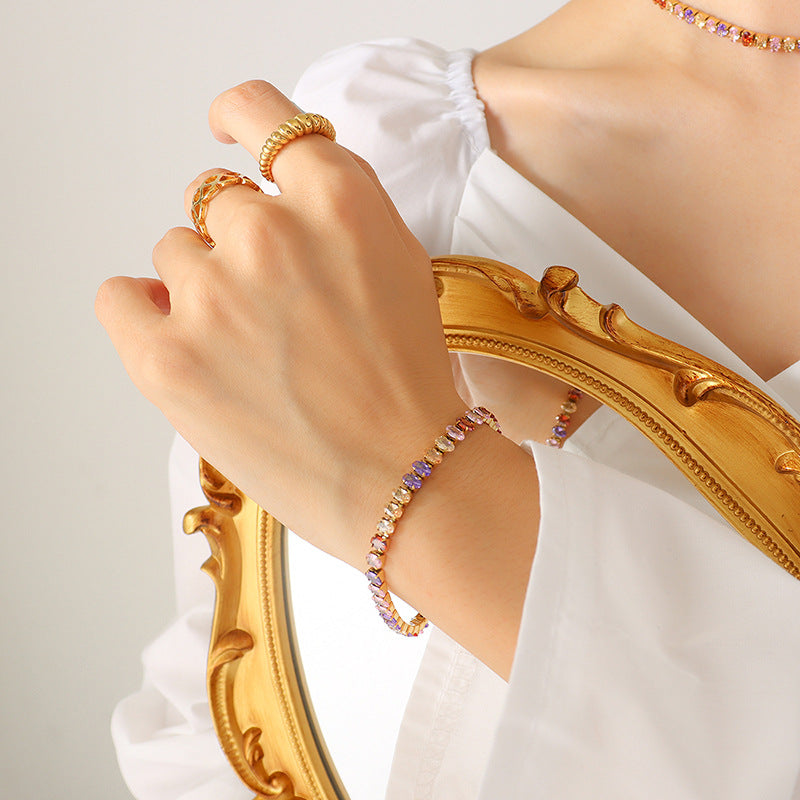 316L Stainless Steel Elegant Colorful Zircon Inlaid Necklace & Bracelet Set - Image 17