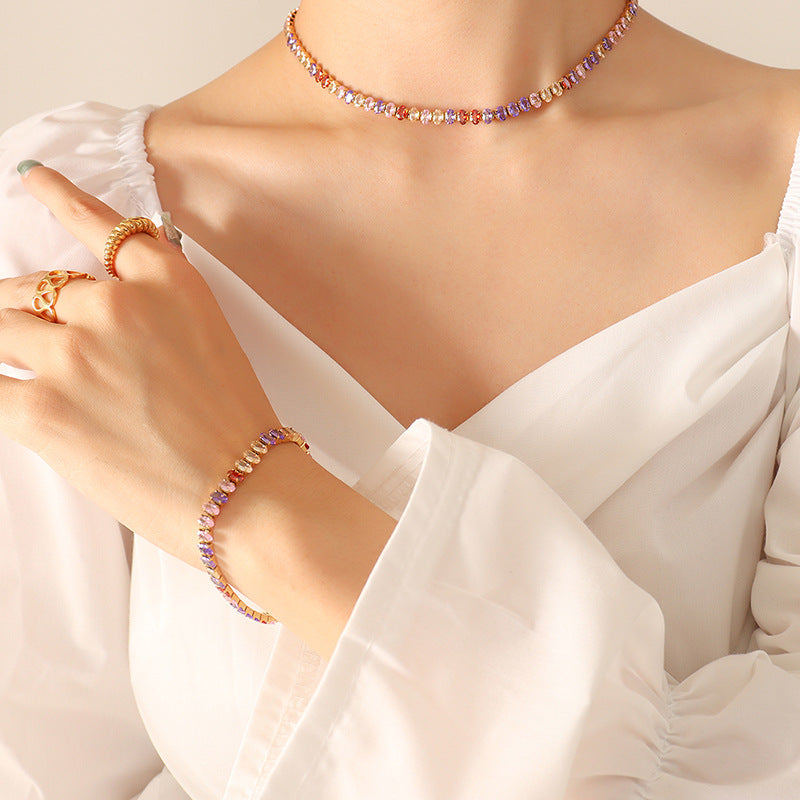 316L Stainless Steel Elegant Colorful Zircon Inlaid Necklace & Bracelet Set - Image 22