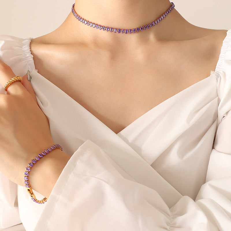 316L Stainless Steel Elegant Colorful Zircon Inlaid Necklace & Bracelet Set - Image 6