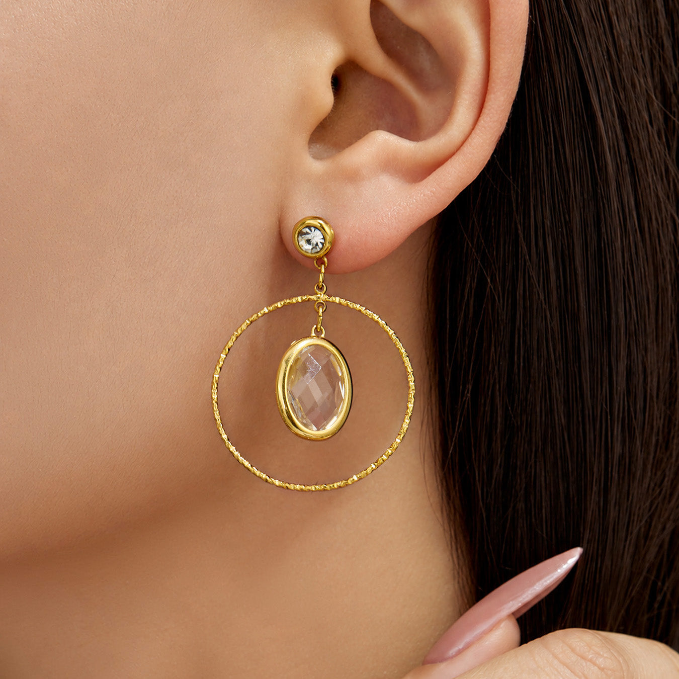 Elegant Double-layer Oval Earrings with White Glass Stone