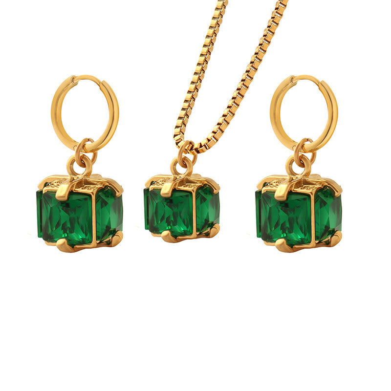 316L Stainless Steel Elegant Emerald Green Zircon Four-Prong Necklace & Earring Set - Image 1