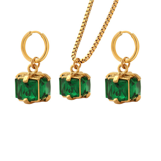 316L Stainless Steel Elegant Emerald Green Zircon Four-Prong Necklace & Earring Set - Image 1