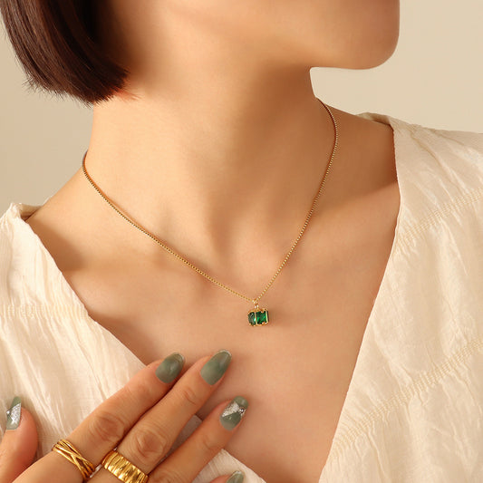 316L Stainless Steel Elegant Emerald Green Zircon Four-Prong Necklace & Earring Set - Image 5