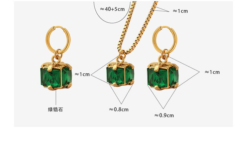 316L Stainless Steel Elegant Emerald Green Zircon Four-Prong Necklace & Earring Set - Image 6