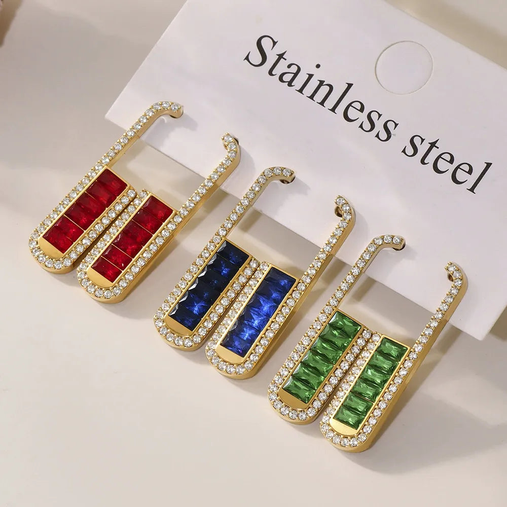 316L Stainless Steel Elegant Emerald Zircon U-shaped Stud Earrings - Image 3