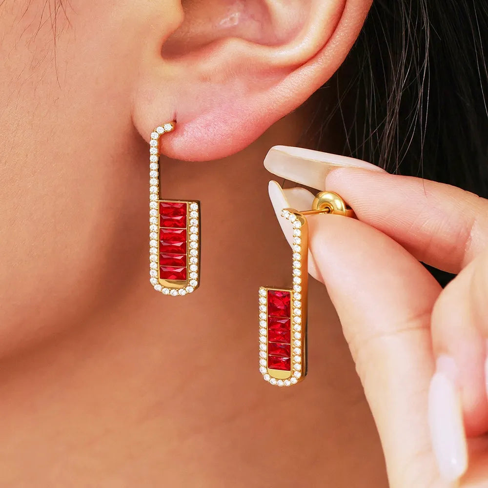 316L Stainless Steel Elegant Emerald Zircon U-shaped Stud Earrings - Image 4