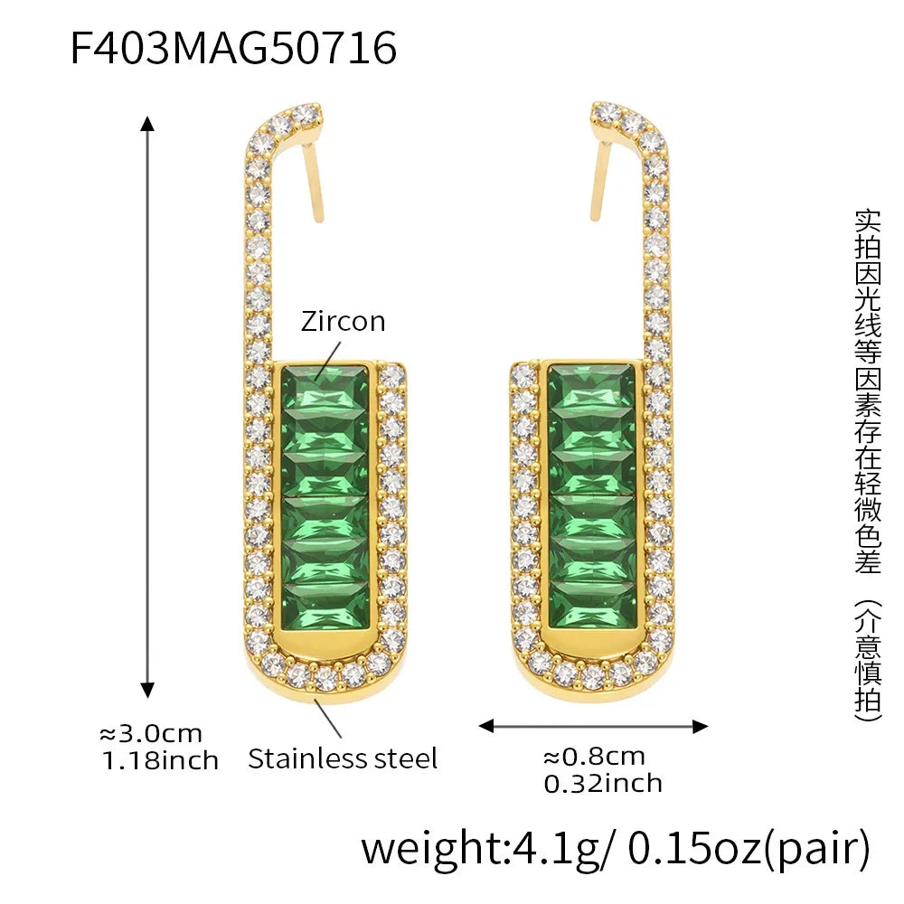 316L Stainless Steel Elegant Emerald Zircon U-shaped Stud Earrings - Image 6