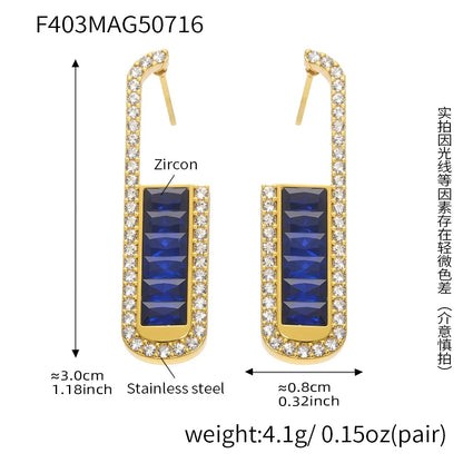 316L Stainless Steel Elegant Emerald Zircon U-shaped Stud Earrings - Image 8