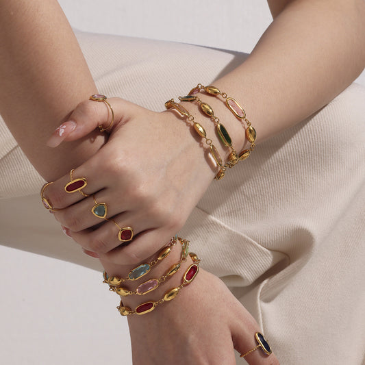 316L Stainless Steel Elegant Faceted Oval Opal Chain Bracelet - Image 9