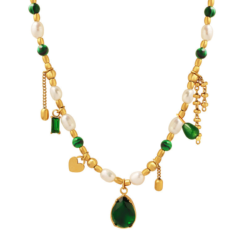 316L Stainless Steel Elegant Freshwater Pearl, Zircon & Turquoise Pendant Necklace - Image 3