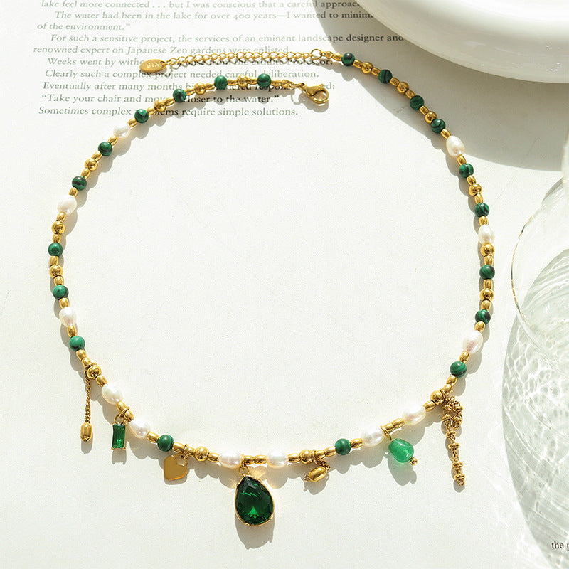 316L Stainless Steel Elegant Freshwater Pearl, Zircon & Turquoise Pendant Necklace - Image 4