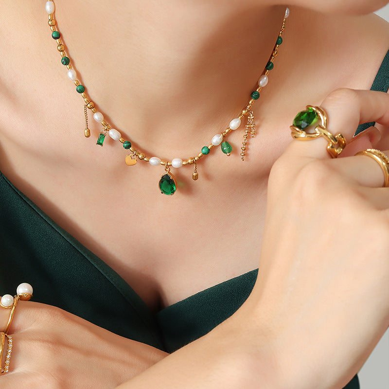 316L Stainless Steel Elegant Freshwater Pearl, Zircon & Turquoise Pendant Necklace - Image 6