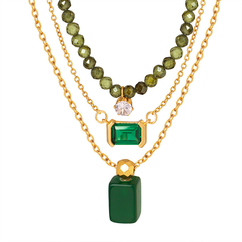 316L Stainless Steel Elegant Green Crystal Inlaid Minimalist Necklace - Image 3