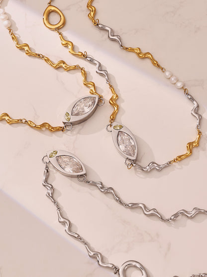 316L Stainless Steel Elegant Marquise Zircon & Freshwater Pearl Clavicle Necklace - Image 1