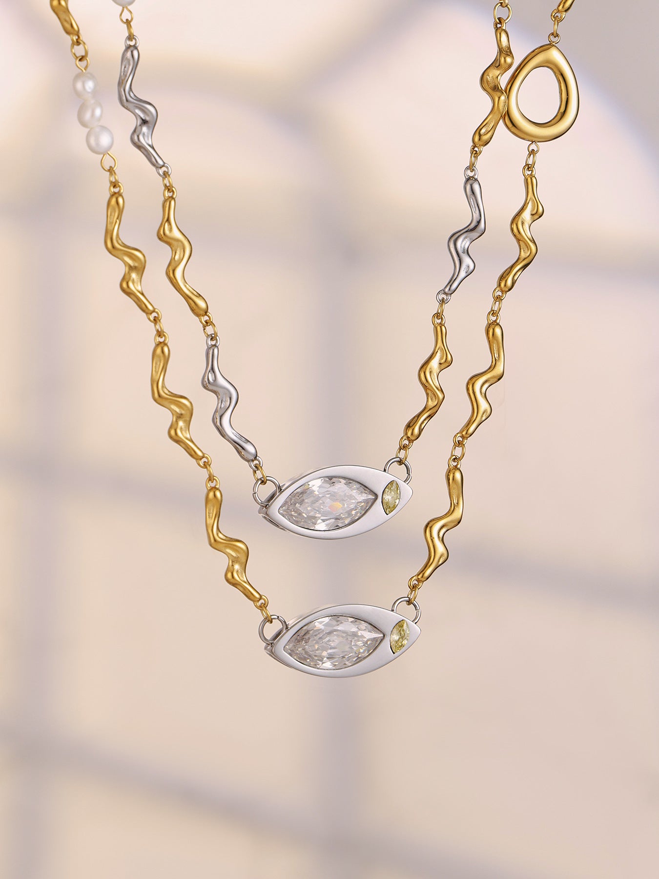 316L Stainless Steel Elegant Marquise Zircon & Freshwater Pearl Clavicle Necklace - Image 2