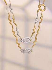 316L Stainless Steel Elegant Marquise Zircon & Freshwater Pearl Clavicle Necklace - Image 2